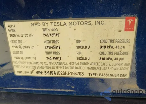 2017 Tesla Model S 100D/60D/75D/90D/P100D из США, поврежденный, VIN 5YJSA1E28HF198703